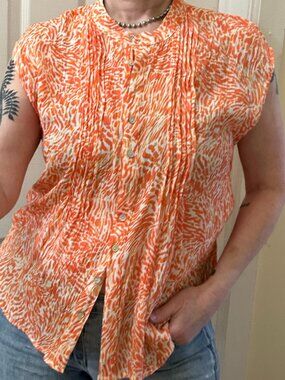 Nanette Lepore Top Womens Size Large Orange Animal Print Sleeveless Button